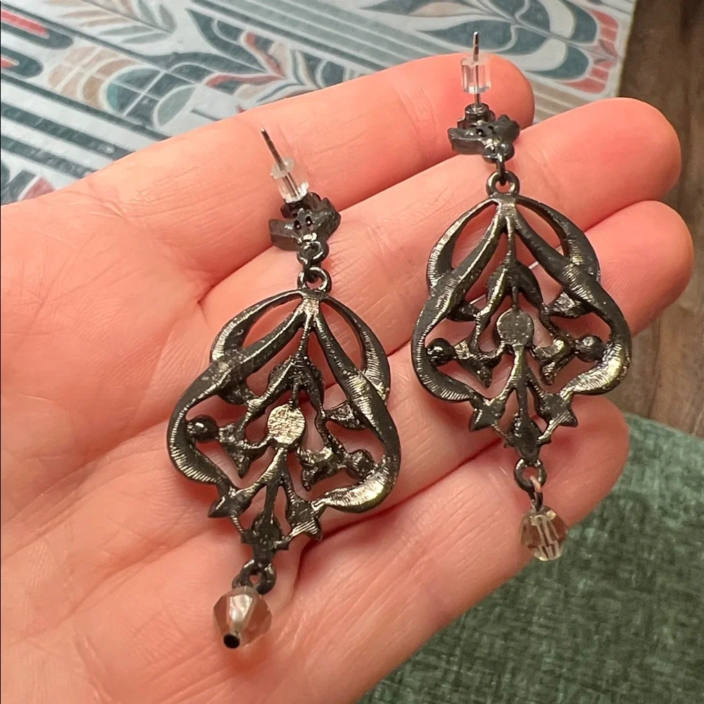 Elegant Ornate Gothic Gunmetal Rhinestone Dangle Earrings